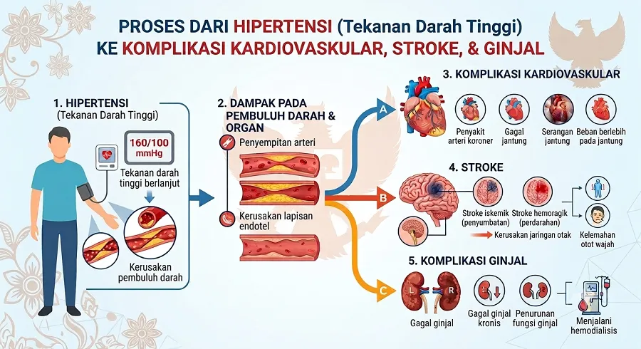 Ilustrasi komplikasi hipertensi pada jantung, otak, ginjal, mata dan pembuluh darah